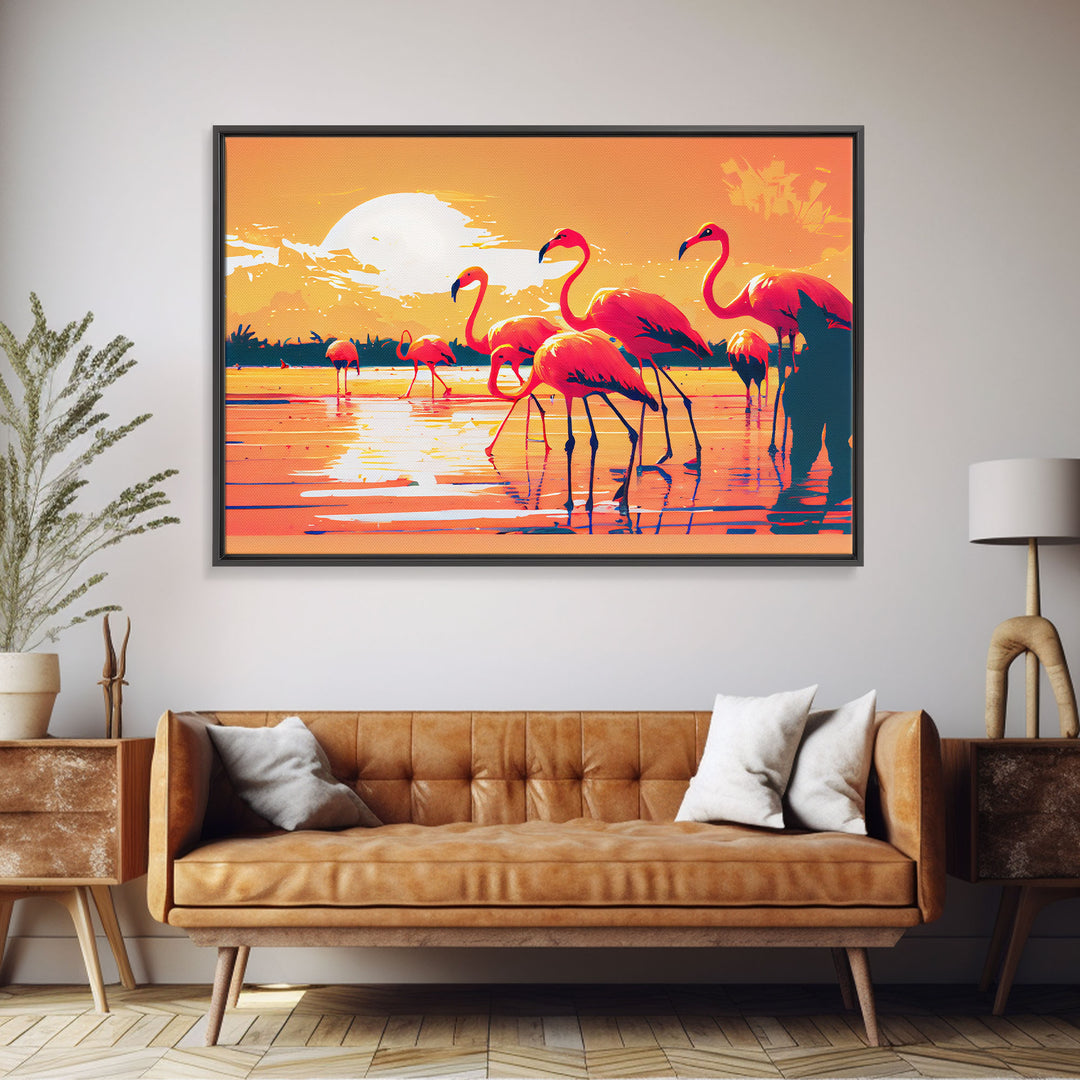 Pink Flamingos at Sunset, framed canvas print, vaporwave vibes art