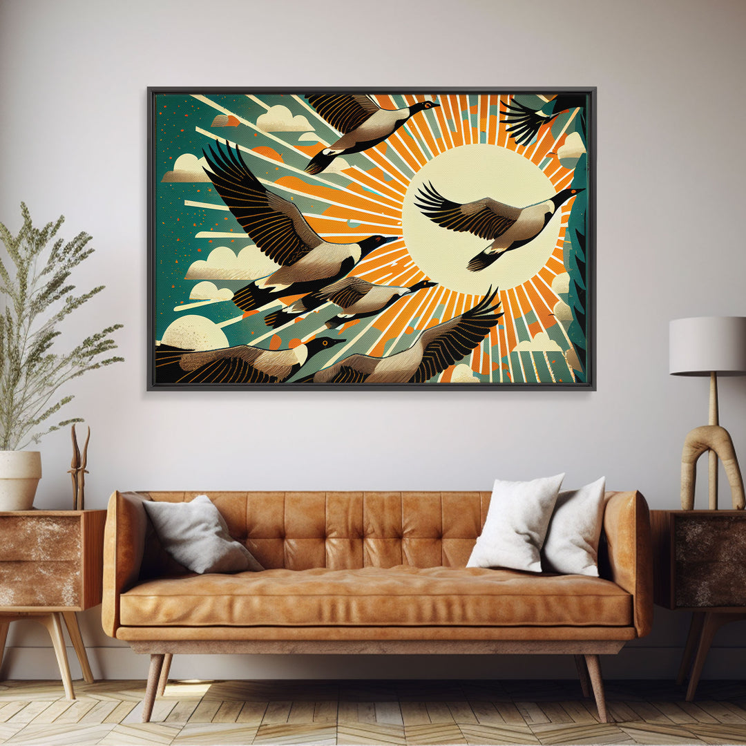 Flock of Geese, art deco style, midcentury style art, framed canvas print