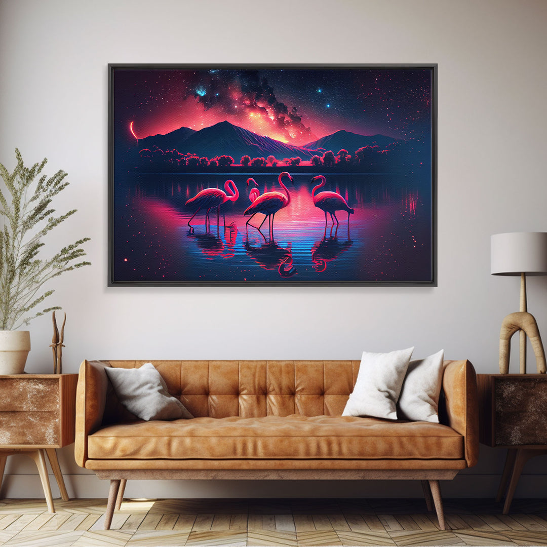 Pink Flamingos against a starry night sky, synthwave vibes, framed canvas print, framed art