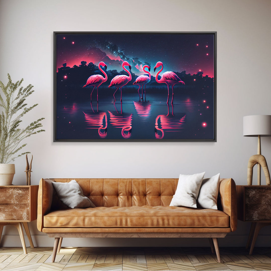 Pink Flamingos against a starry night sky, synthwave vibes, framed canvas print, framed art