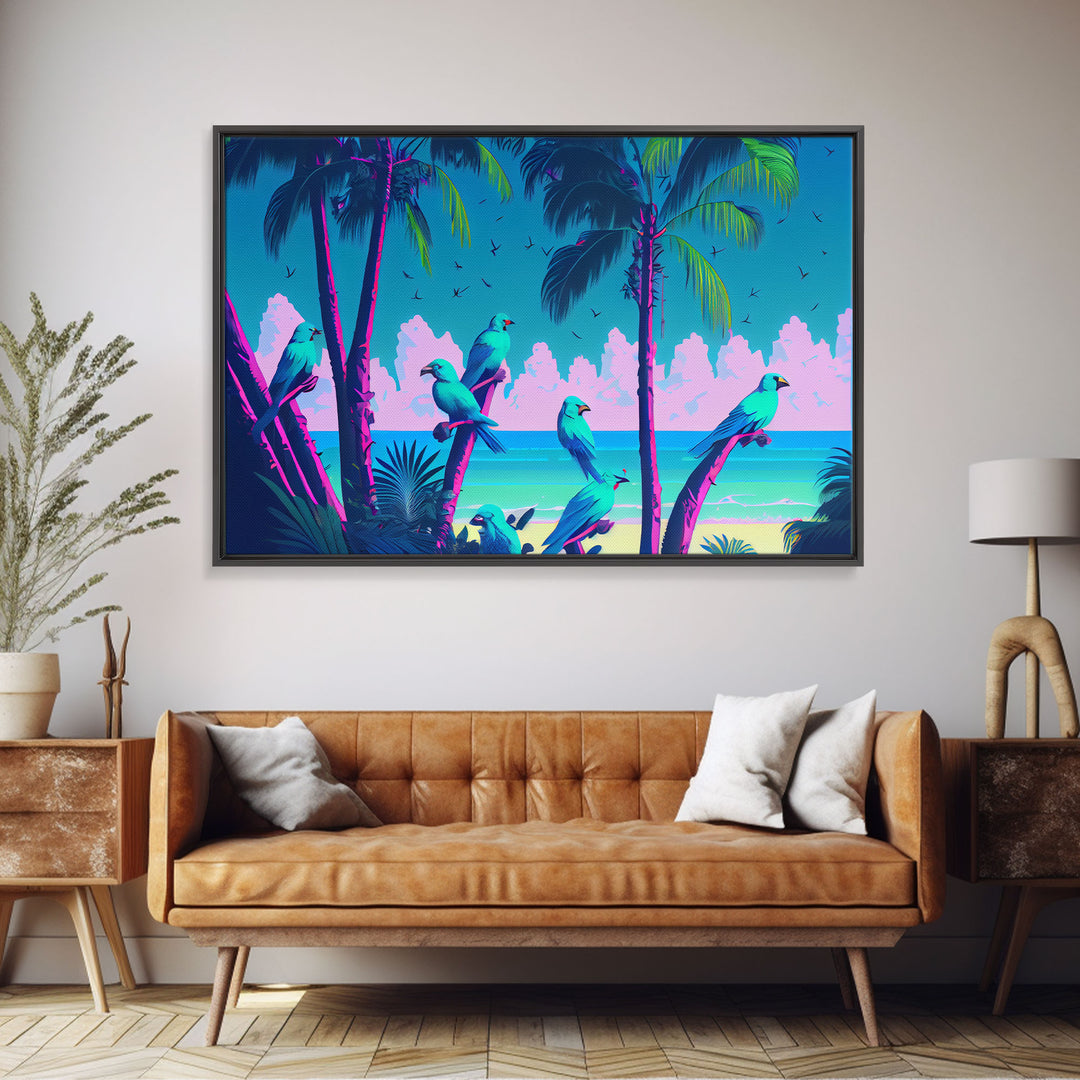 Tropical birds of paradise, synthwave, vaporwave wall art, framed canvas print