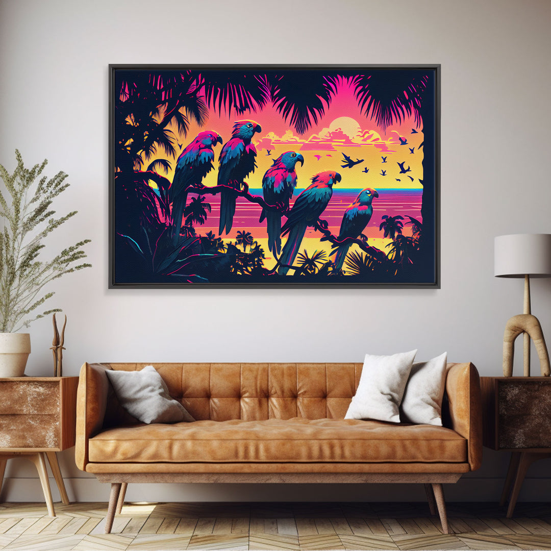 Tropical birds of paradise, synthwave, vaporwave wall art, framed canvas print