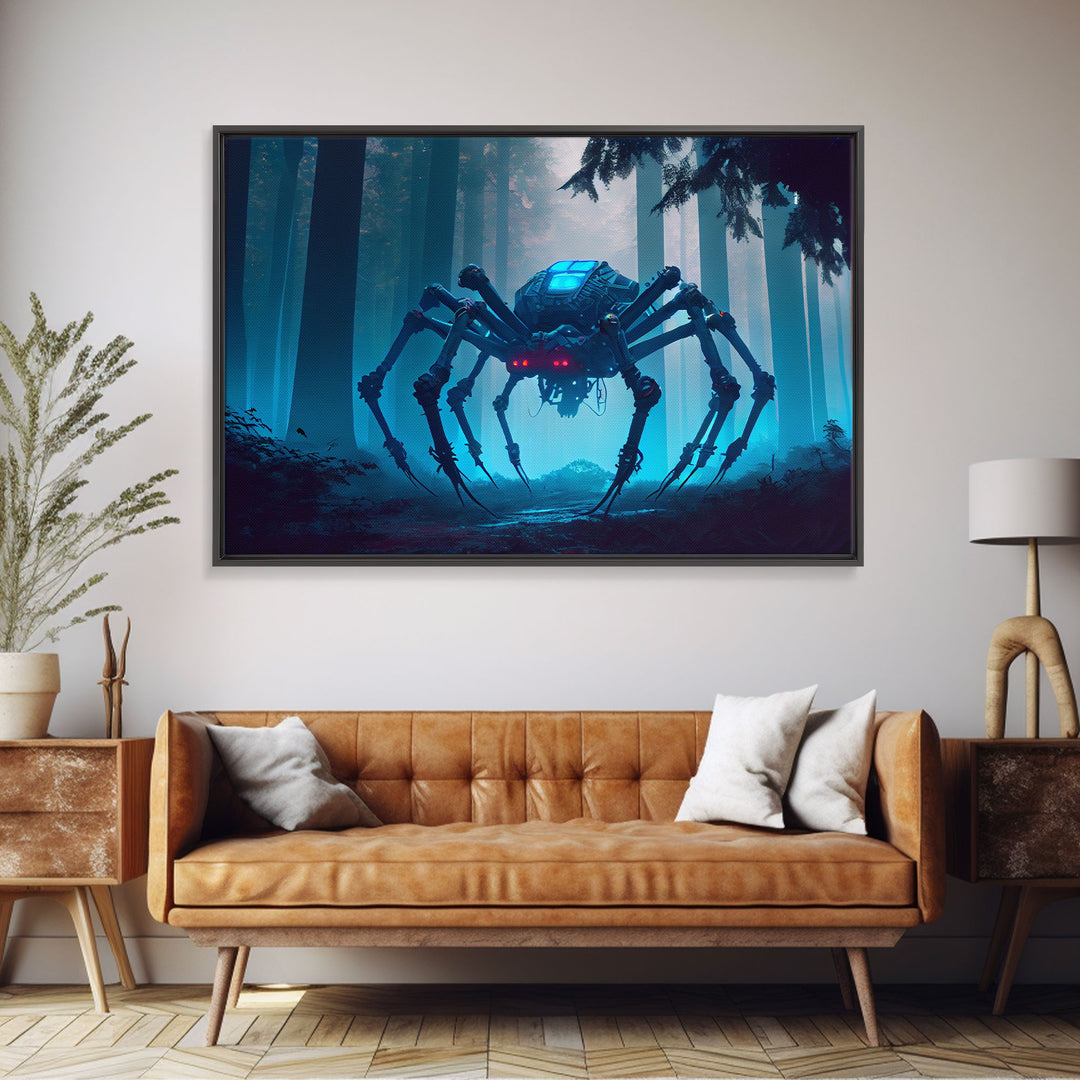 Cyborg Spider, Scifi Fantasy horror art, robot spider on the hunt, framed canvas print