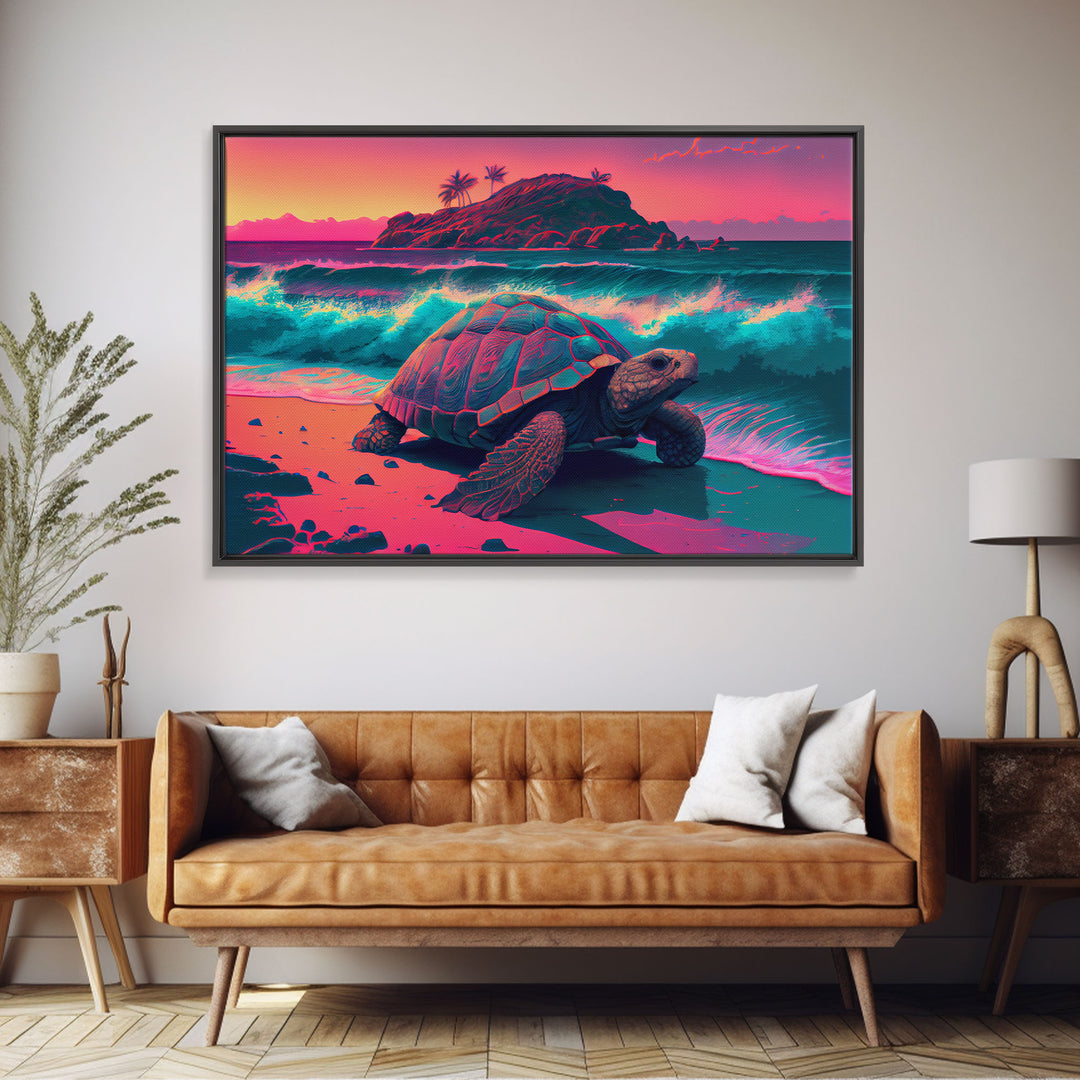 Sea turtle fighting the waves, framed canvas art, synthwave, vaporwave, animal prints