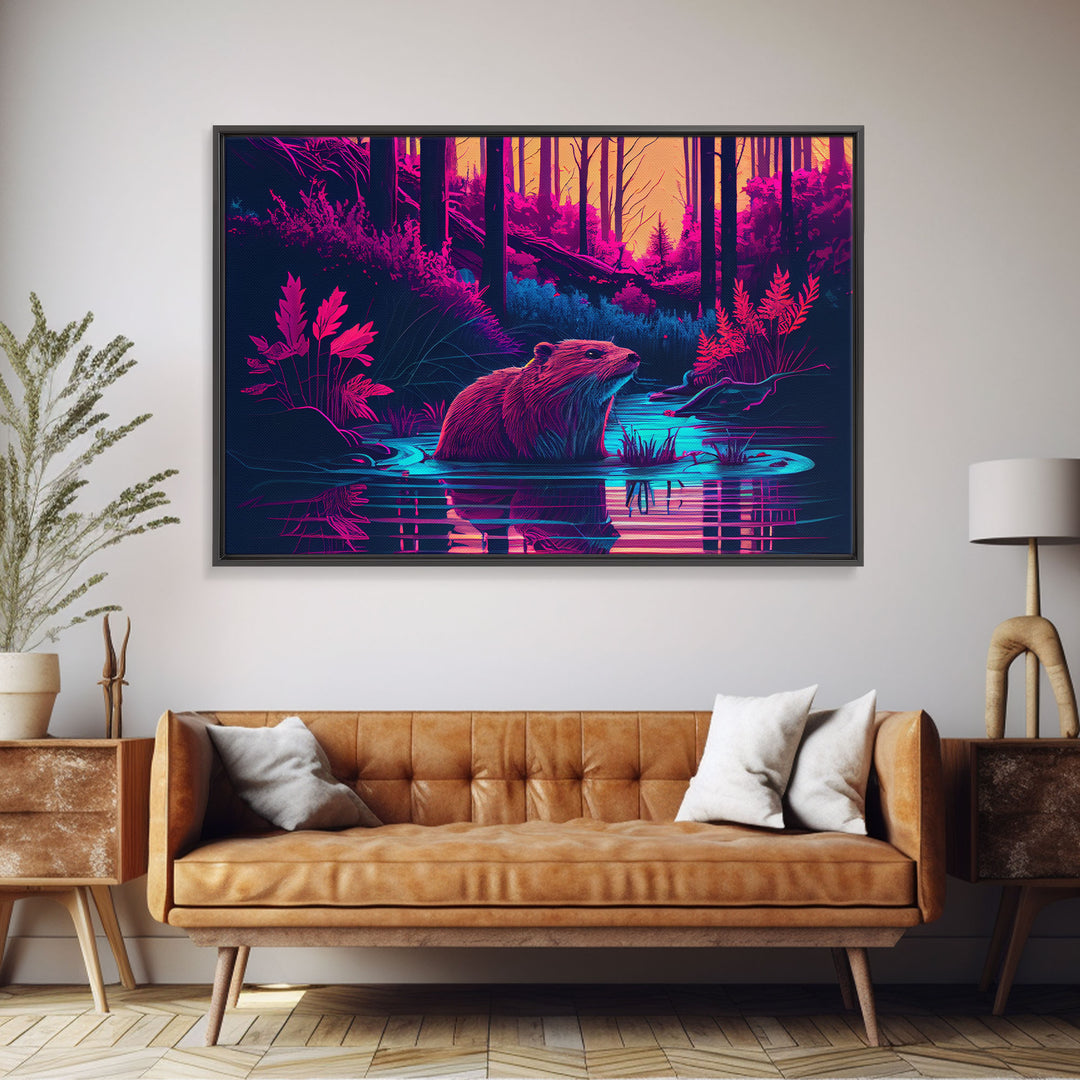 Cute beaver in a river, pink vaporwave art, animal  prints, framed canvas print, framed wall art