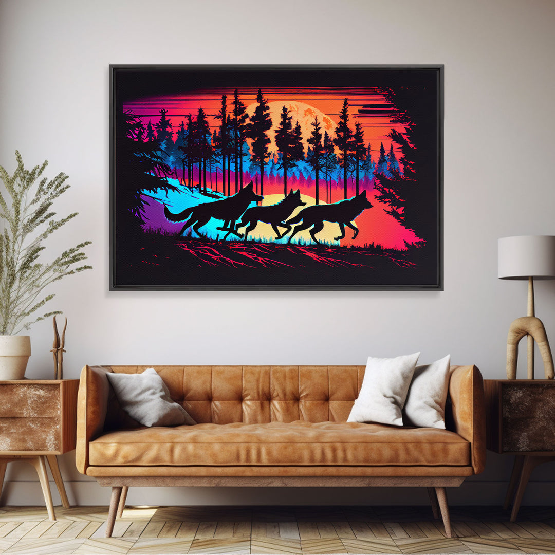 Wolves on the hunt at sunset, synthwave animal art, framed canvas print, vaporwave aesthetic animal art