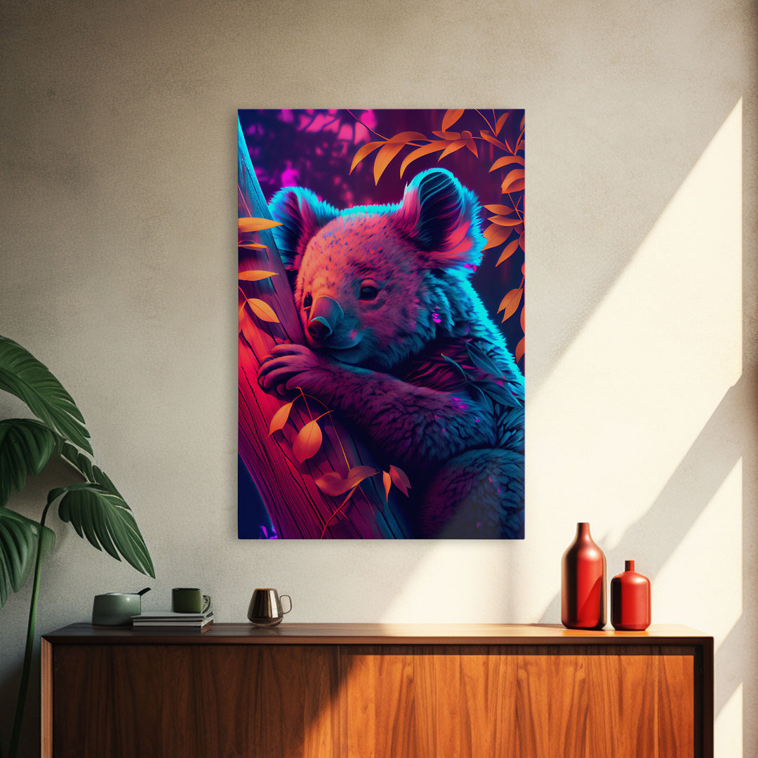 Cute Retro Wave Koala Bear, framed canvas print, Animals of Australia