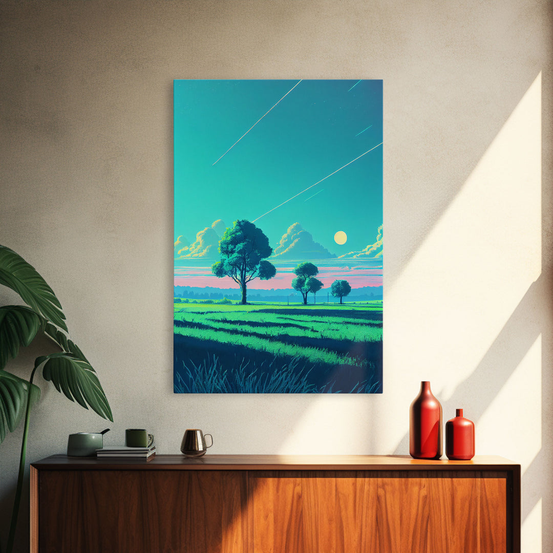 Retrowave landscape pixel art, soothing art, framed canvas print, light pastel sunset