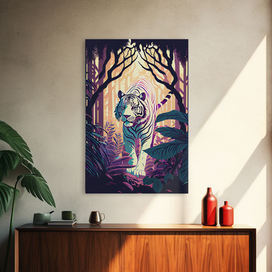 White tiger in the jungle, retro wave art, framed canvas print, albino tiger, rare art