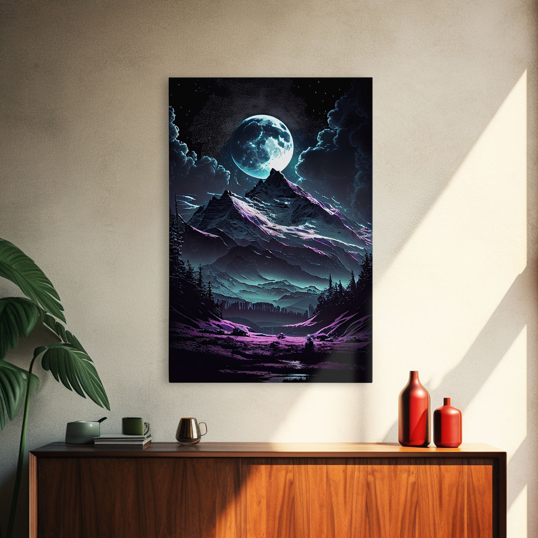 Mythical mountains fantasy art, framed canvas print, full moon over a mystical mountain landscape