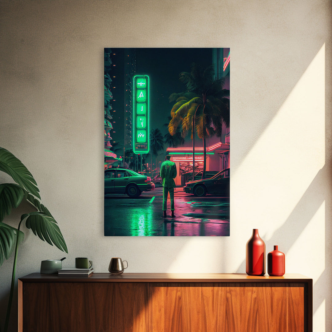 Neon Tokyo Streets, 80s Retro Style Tokyo Art, Framed Canvas Print