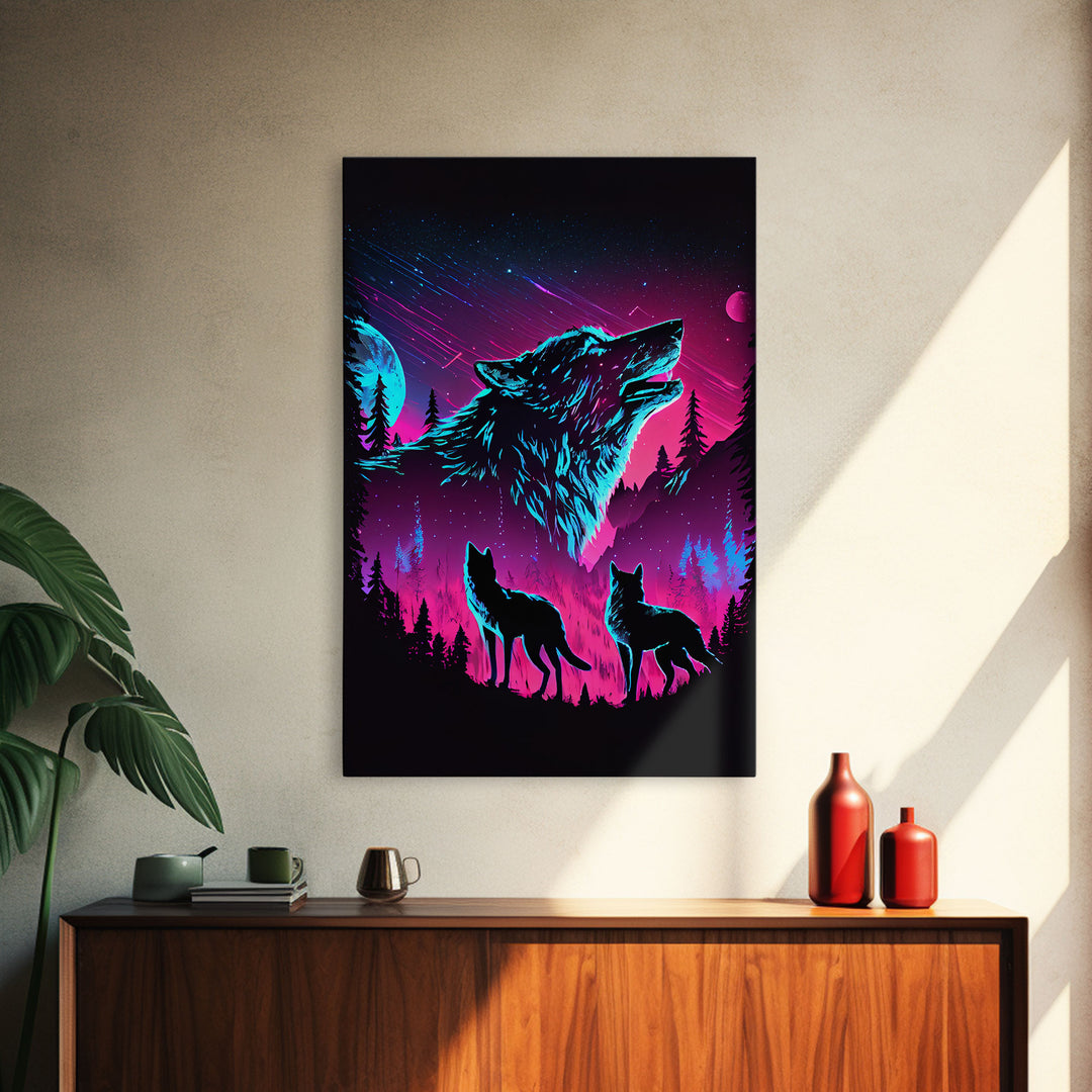 Wolves Howling at the moon, 3 wolf moon, framed canvas print, vaporwave art, Animal art, predator art