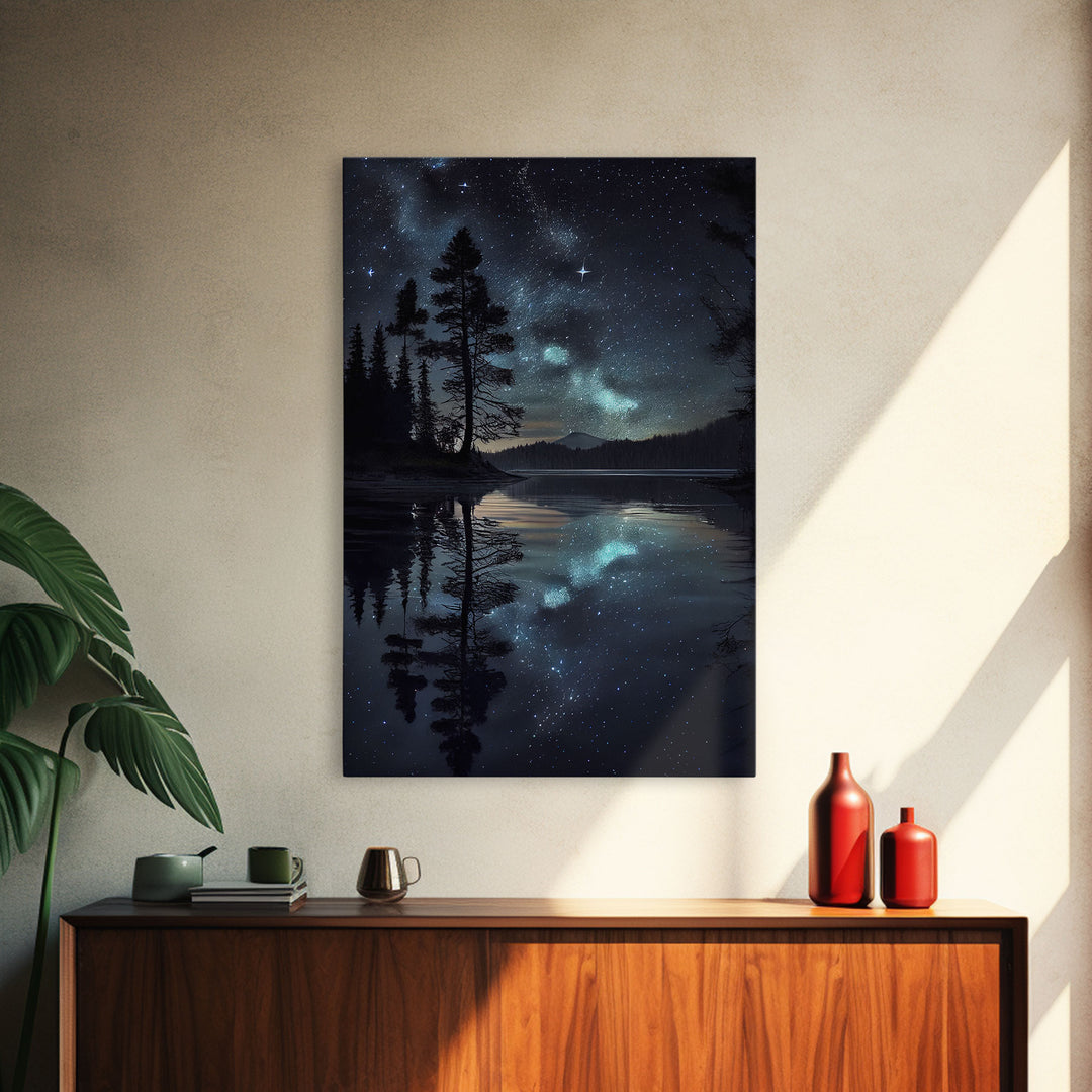 Reflections of a starry night sky over the lake, lakehouse art, beautiful framed canvas print