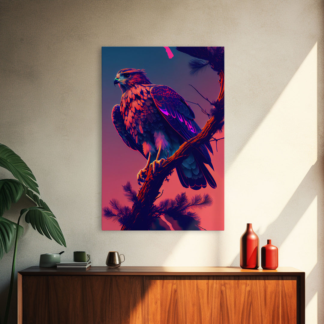 Nature Bird Hawk Perched On Branch Purple Sunset Fine Art Print, Wall Decor, Wall Poster, Wall Art Print