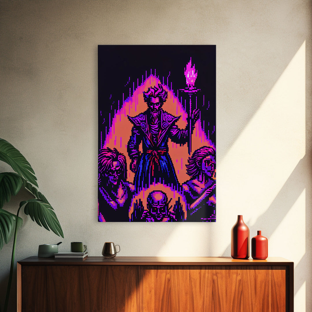 Tabletop RPG pixel art, Human Warlock Art, framed canvas print, framed game room decor