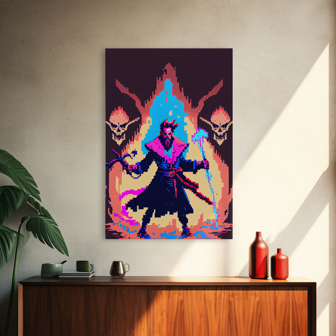 Tabletop RPG pixel art, Human Necromancer Art, framed canvas print, framed game room decor