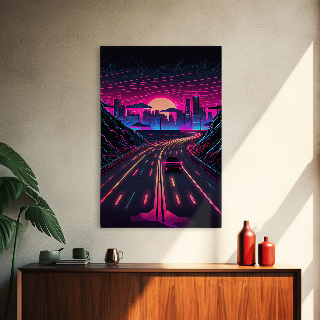 The Drive, Retrowave Outrun Style City Skyline Sunset, 80s Vibes, Framed Canvas Print