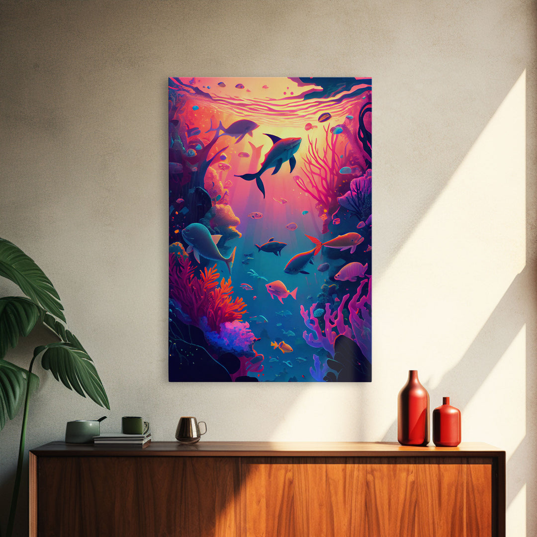 80s Vibe Under The Sea Coral Reef Art, framed canvas print, fish and reef art