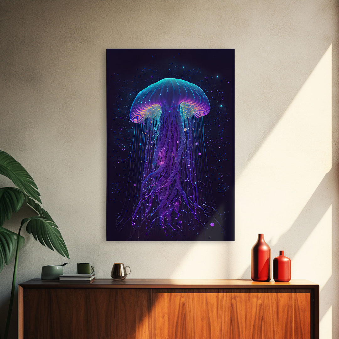 Bioluminescent Jellyfish against a Starry night sky, Cosmic Jelly Fish, Framed Canvas Print, synthwave style art