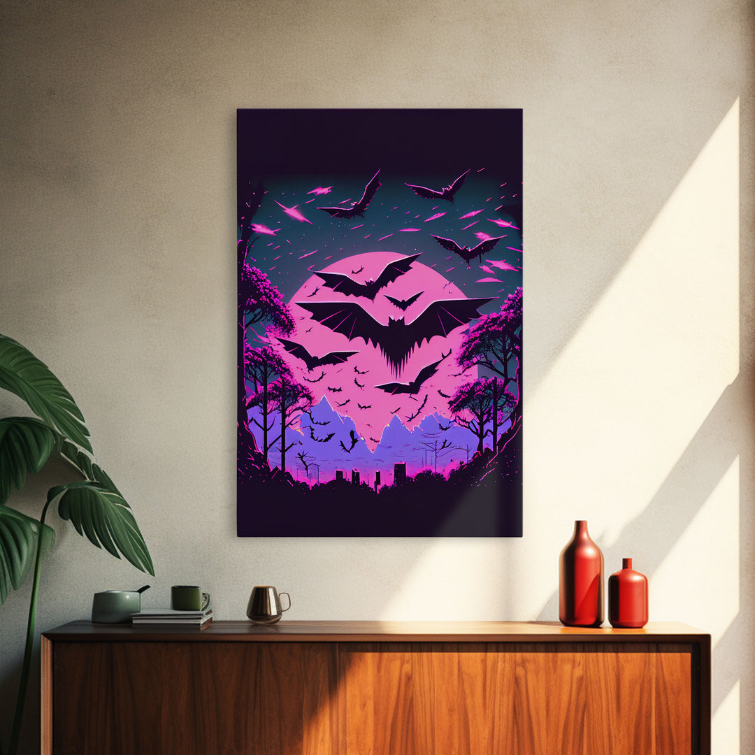 Vampire Bat Art, Horror, framed canvas print, bats in flight over a pink full moon, Halloween Decor, Halloween Wall Art