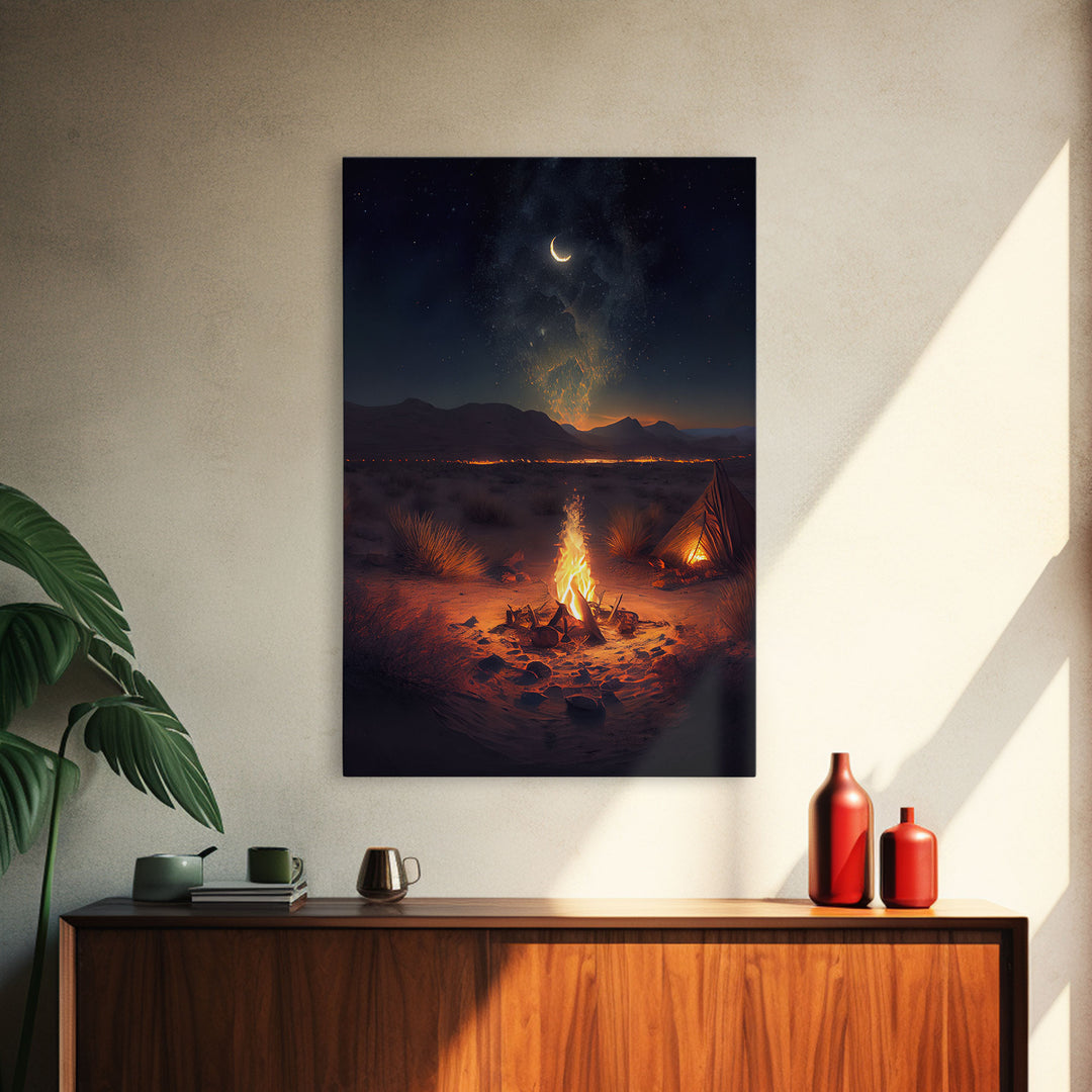 Primitive Art, Campfire under the stars, camping art, framed canvas print