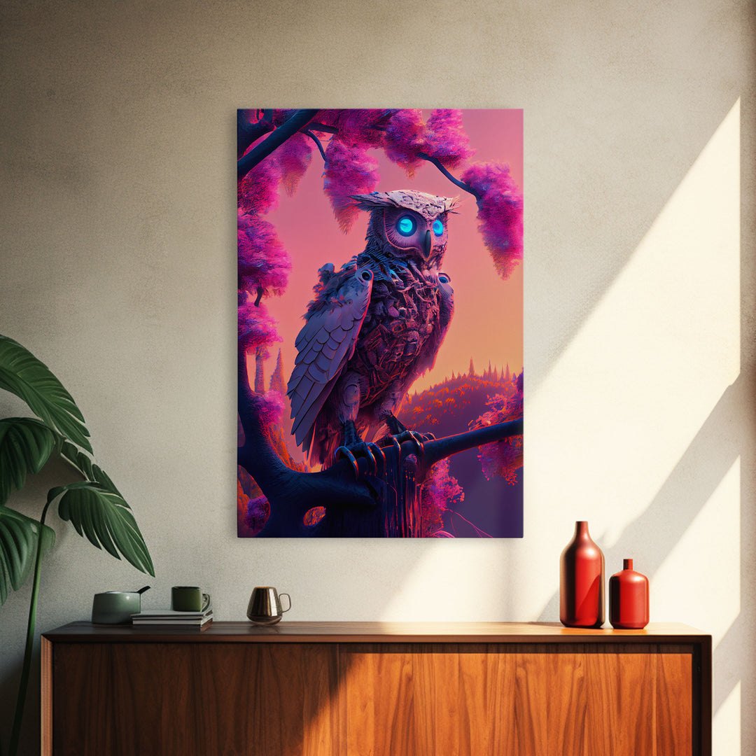 Cyberpunk Robot Owl, framed canvas print, Cybernetic android owl art, vaporwave aesthetic futuristic art