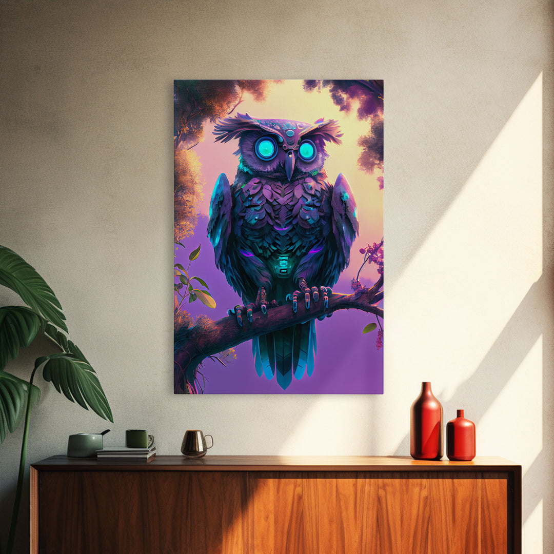 Cyberpunk Robot Owl, framed canvas print, Cybernetic android owl art, vaporwave aesthetic futuristic art