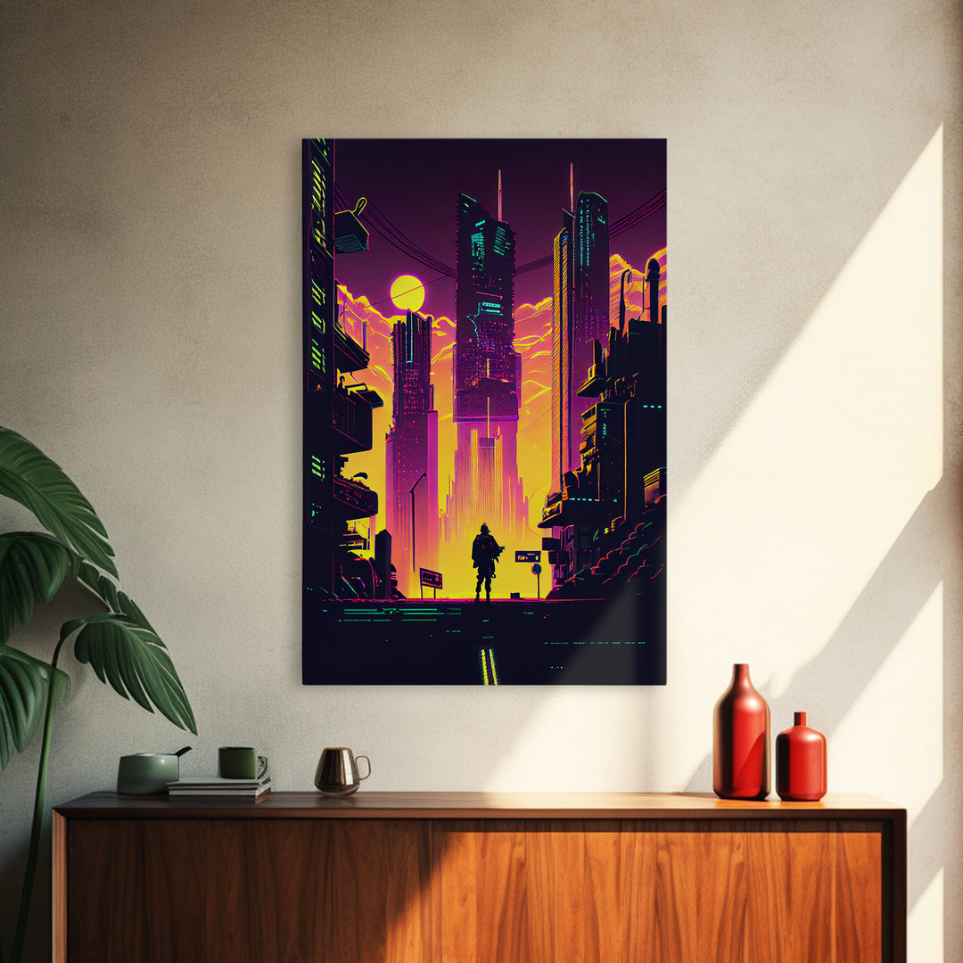 Cyberpunk art, Retrowave style dystopian cityscape art, game room art, framed canvas print, retro wave city skyline