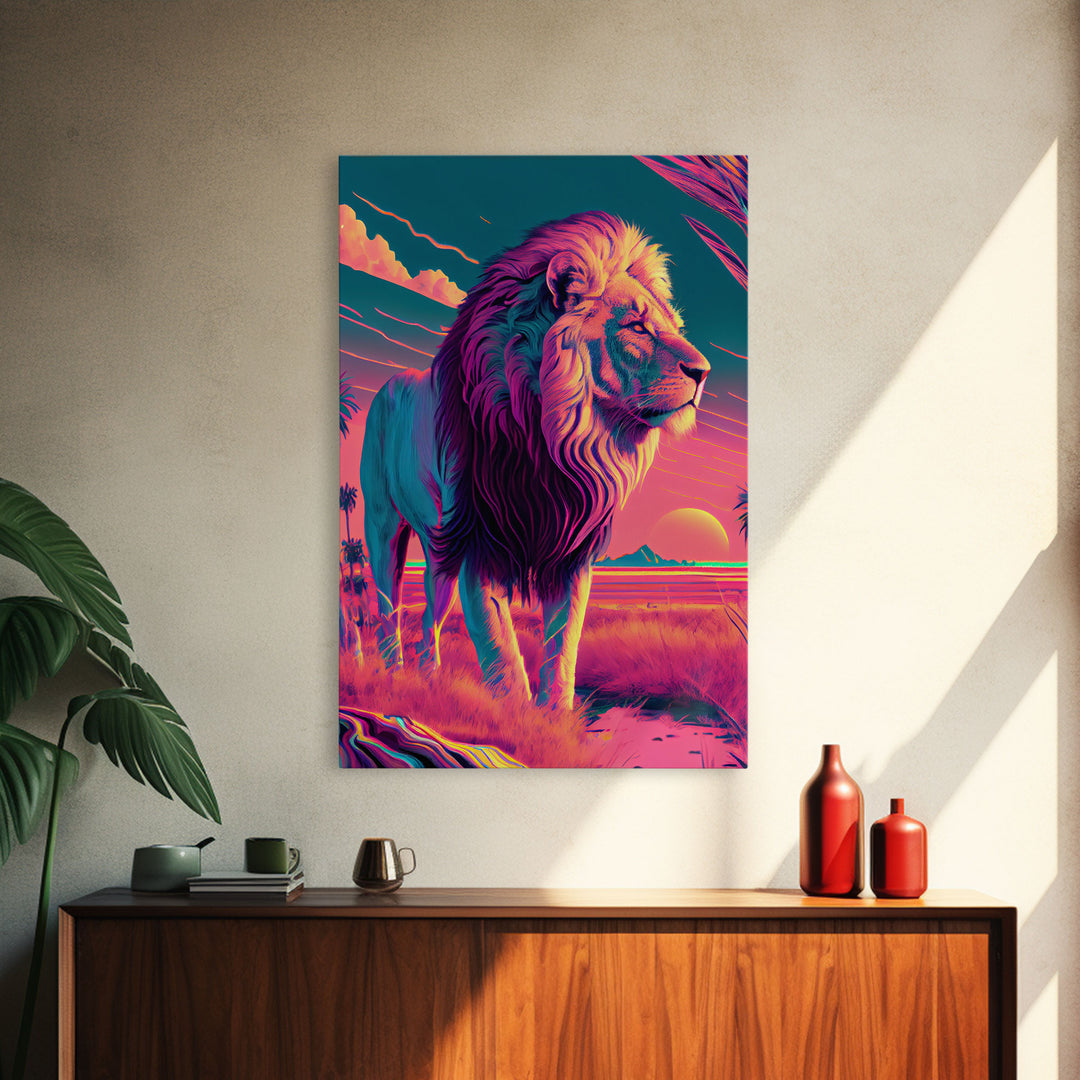 Retro style pastel art, watercolor painting of a lion, framed canvas print, vaporwave aesthetic animal print