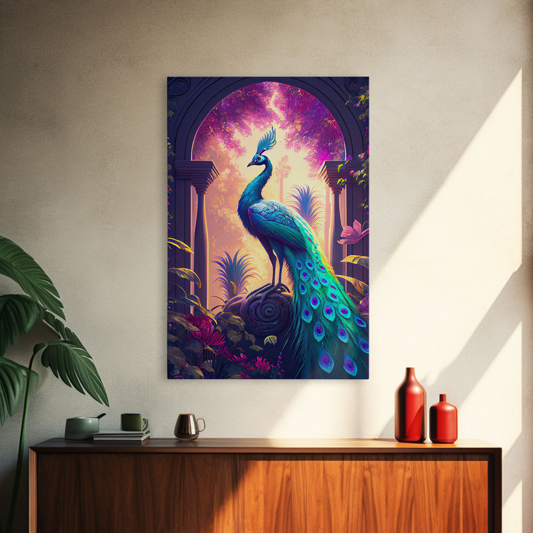 Turquoise peacock art, fantasy decor, framed canvas print