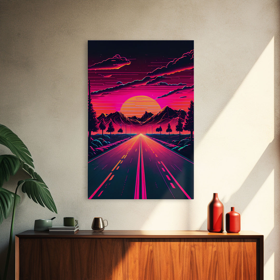 Outrun Sunset over the Arizona mountains, neon aesthetic art,  framed canvas print