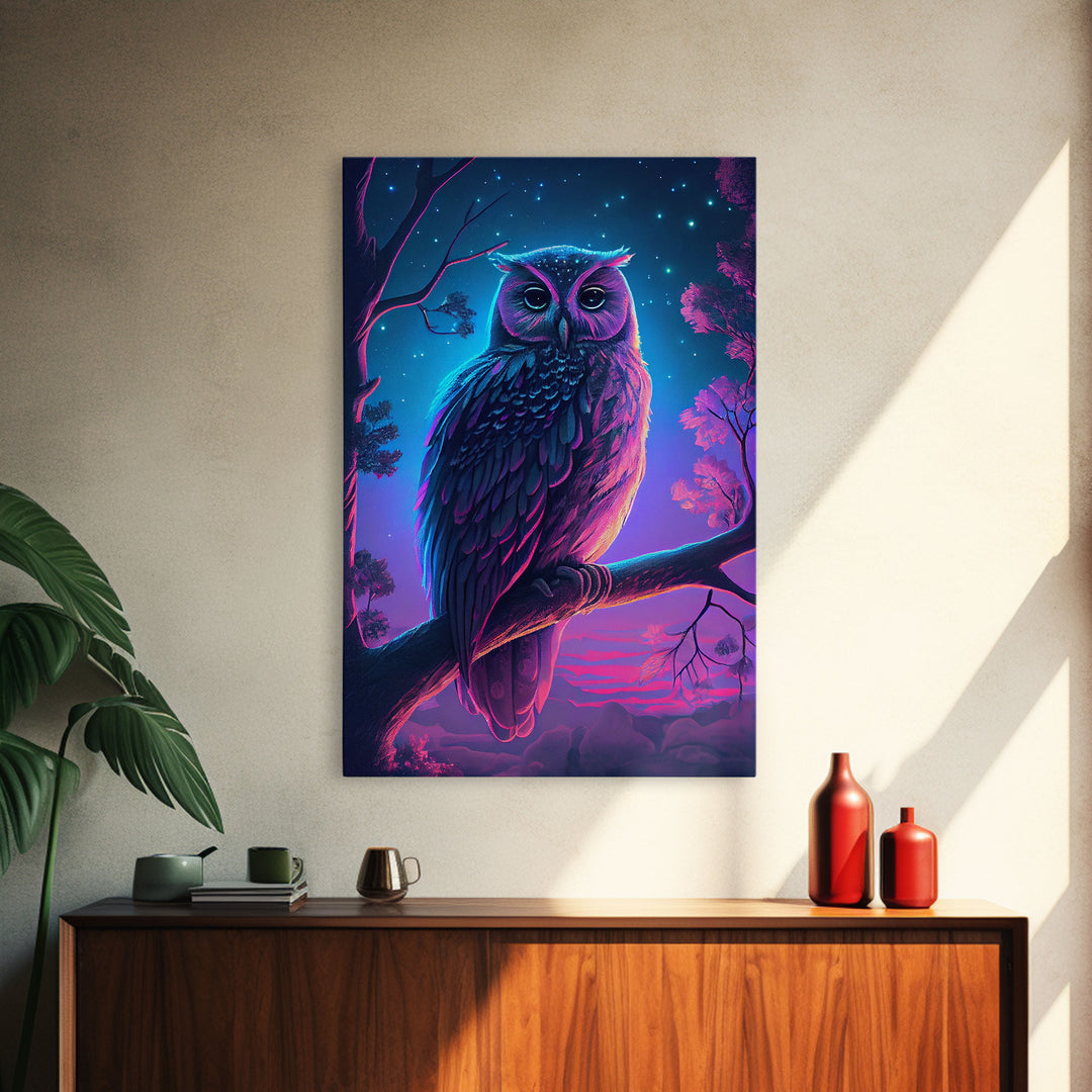 Retro Style Owl Art, Framed Canvas Print, outrun style owl at midnight under a starry sky