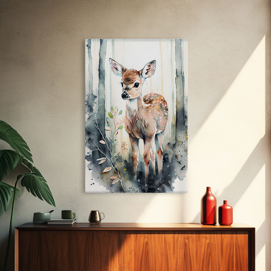 Watercolor portrait of a deer fawn, framed canvas print