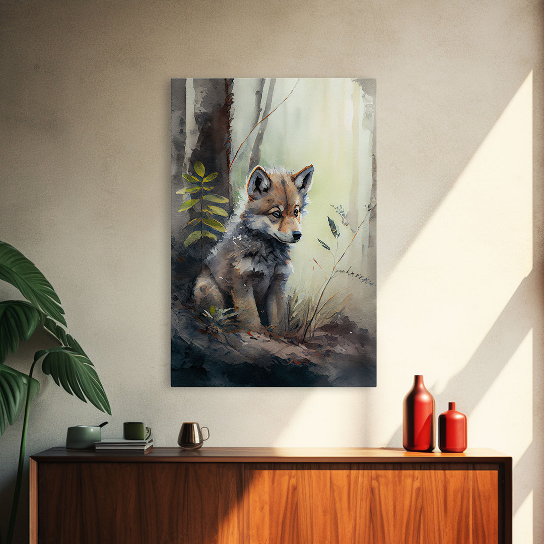 Watercolor of a wolf pup, framed canvas print