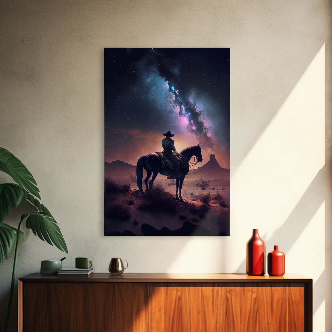 Cowboy contemplating the stars, framed canvas print