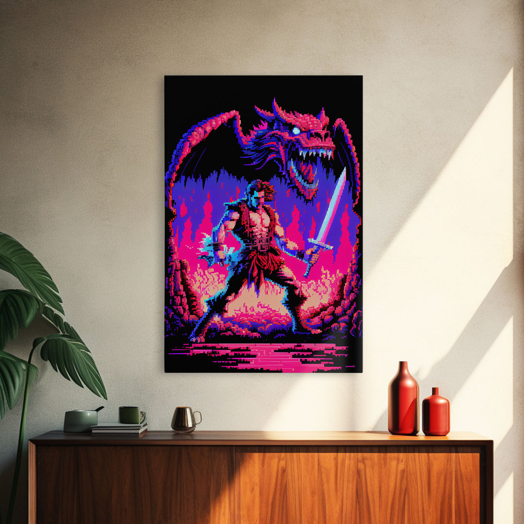 Tabletop RPG art, vaporwave neon aesthetic, Barbarian art, framed canvas print