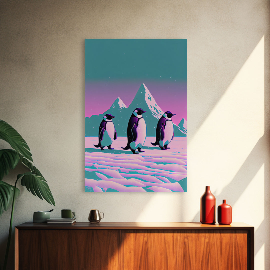 Retrowave Penguins in the Arctic, synthwave style wall art, Antarctica art, framed canvas print, cute animal prints