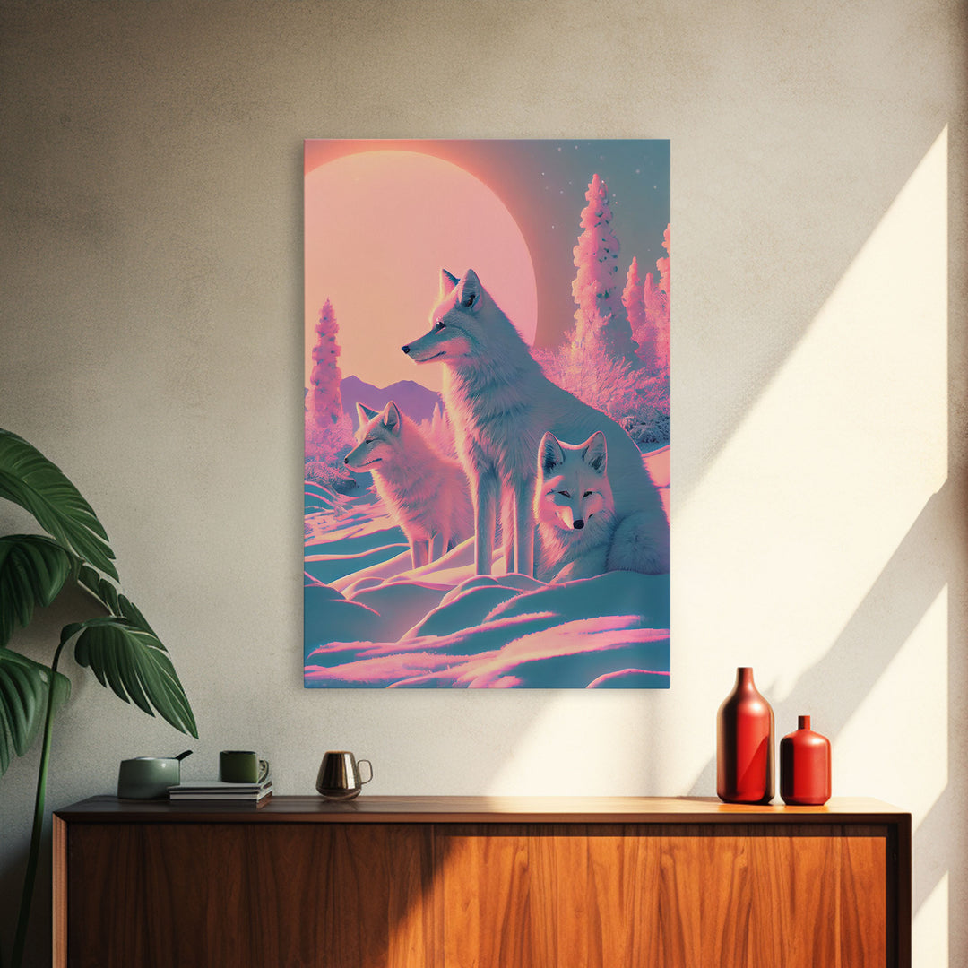 Cute Arctic Fox Art, animal prints, framed canvas print wall art, vaporwave aesthetic soothing art