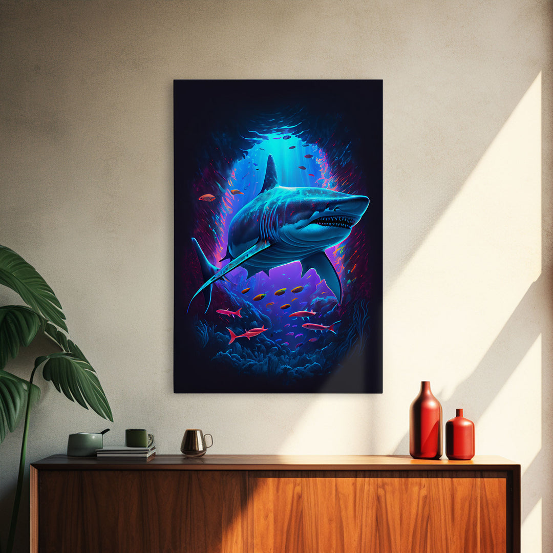 Shark Art, framed canvas print, colorful retro style shark art watercolor painting print