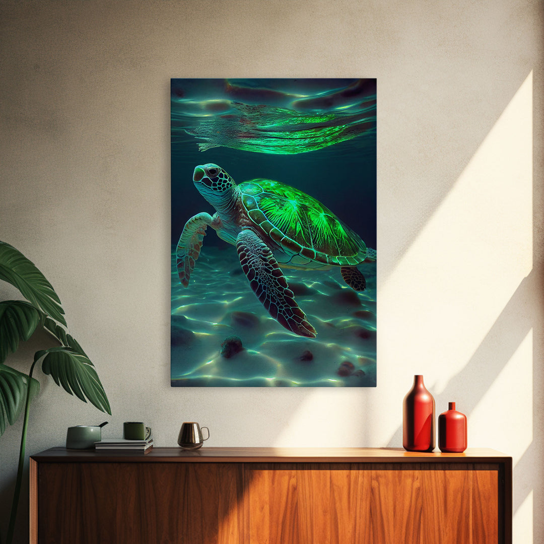 Cute Sea Turtles swimming in the ocean, sea turtle wall decor, framed canvas print