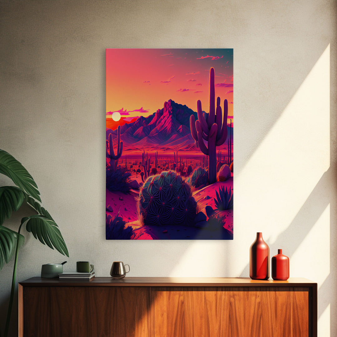 Pastel Arizona Night, Outrun Style sunset over a desert landscape with cactus, framed canvas print