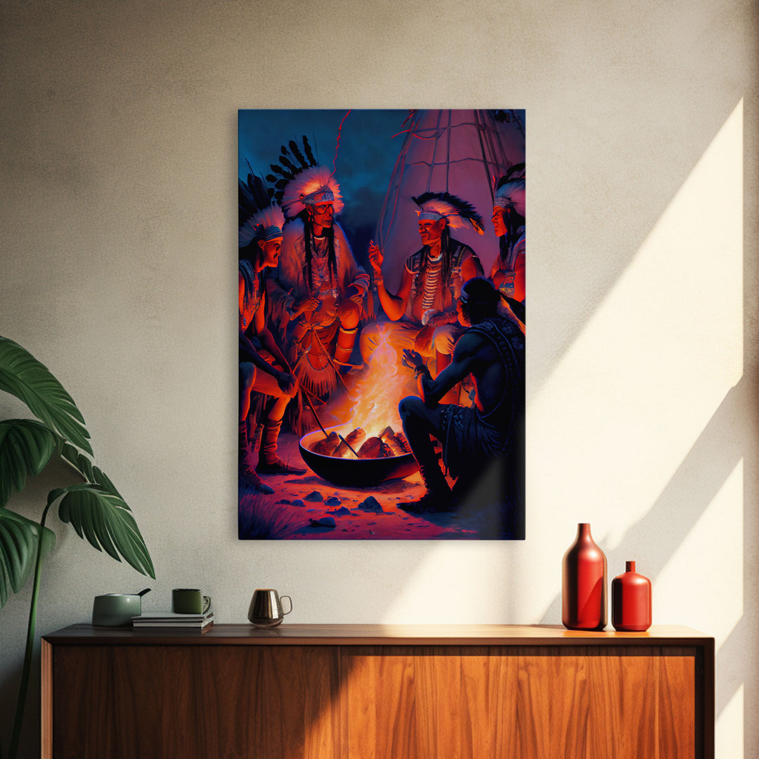 Wild West Decor, framed canvas print, Watercolor of Native Americans enjoying a campfire