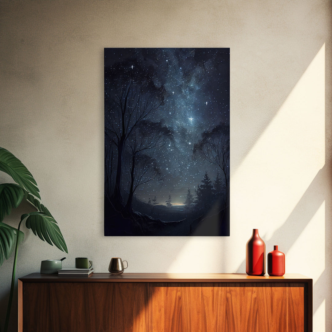 Starry niight sky oil painting print, framed canvas print, unique subdued wall art