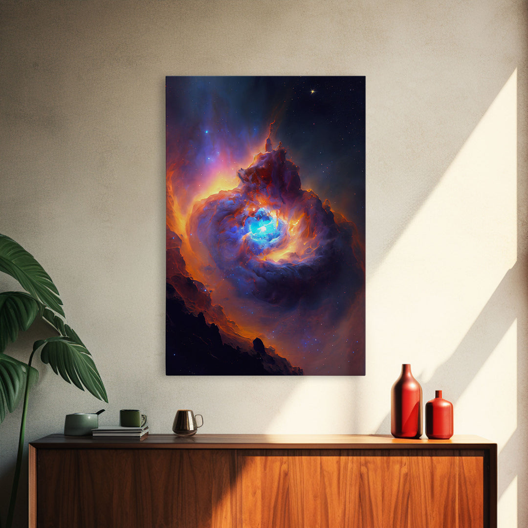 Colorful Nebula in Deep Space, Framed canvas print, retrowave watercolor space art