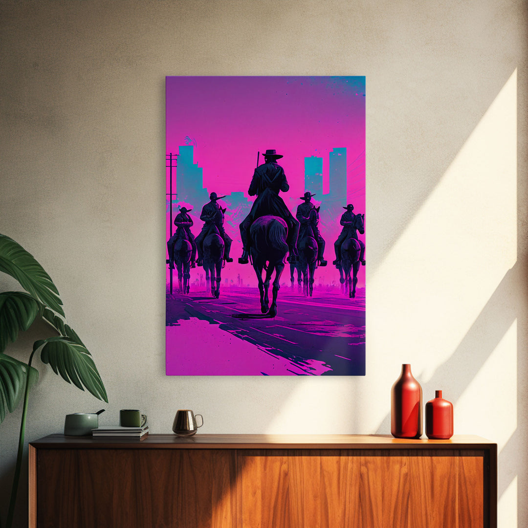 Post-Apocalyptic Cowboys, Vaporwave Aesthetic fantasy art, framed canvas print