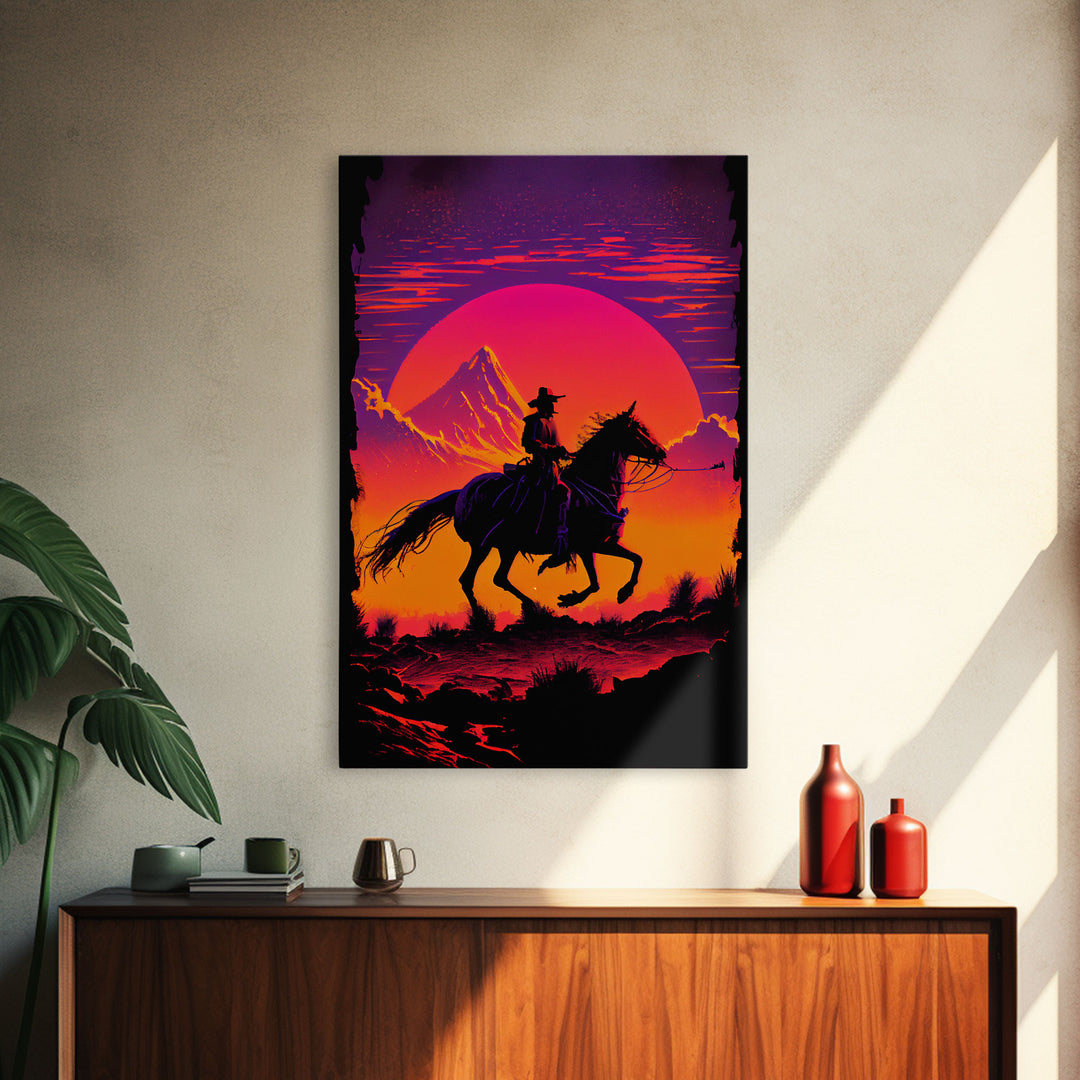 Outrun Style Wildwest Sunset Art, Framed canvas print, framed wall art, retro style western decor