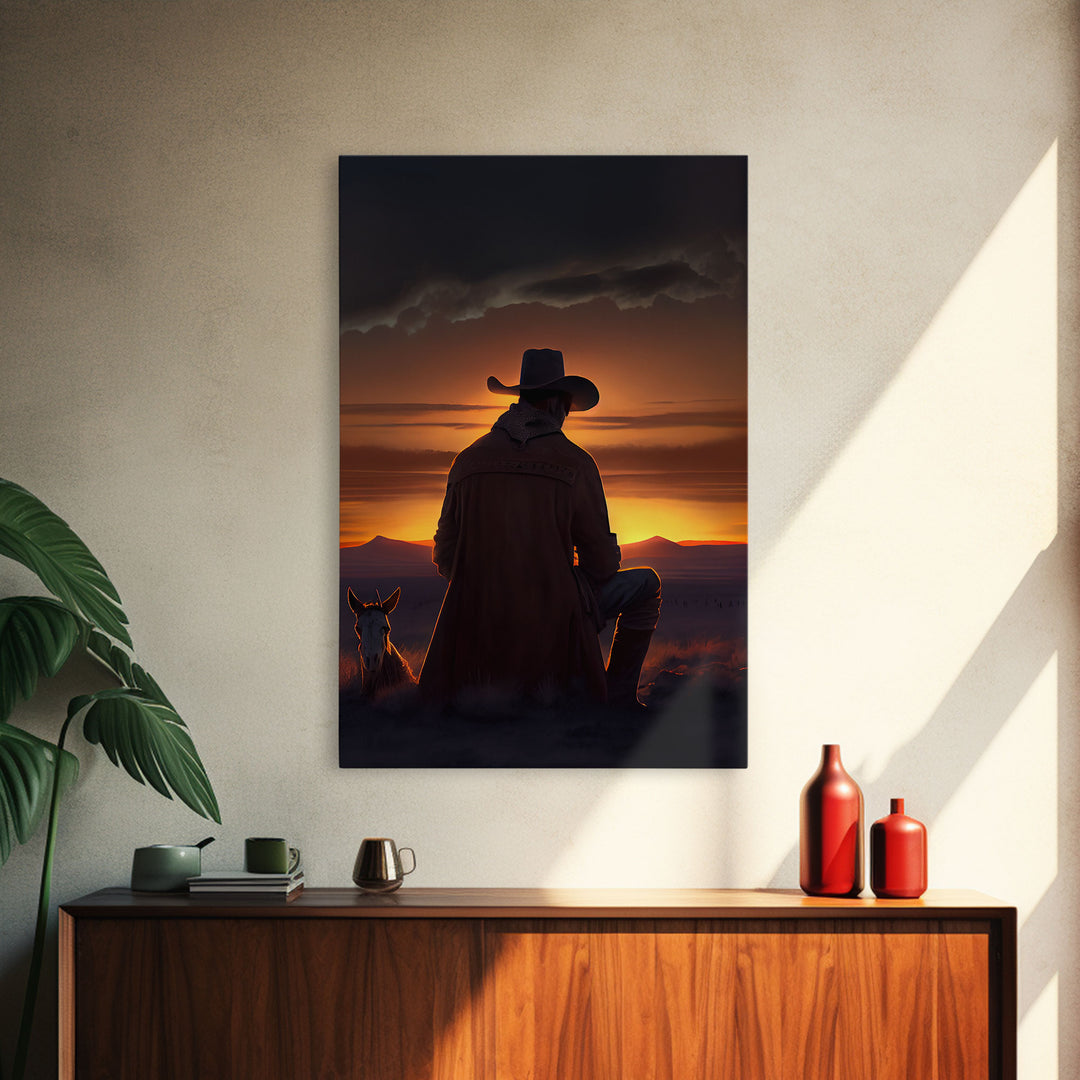 A cowboy and his horse at sunset, framed canvas art, canvas print, western decor, farmhouse art