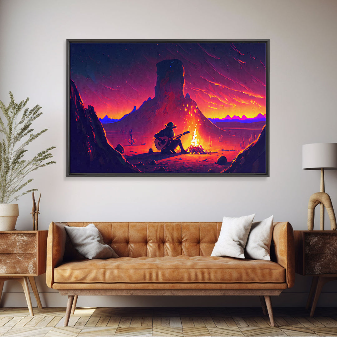 Campfire Songs, Retrowave style art, framed canvas print, synthwave art