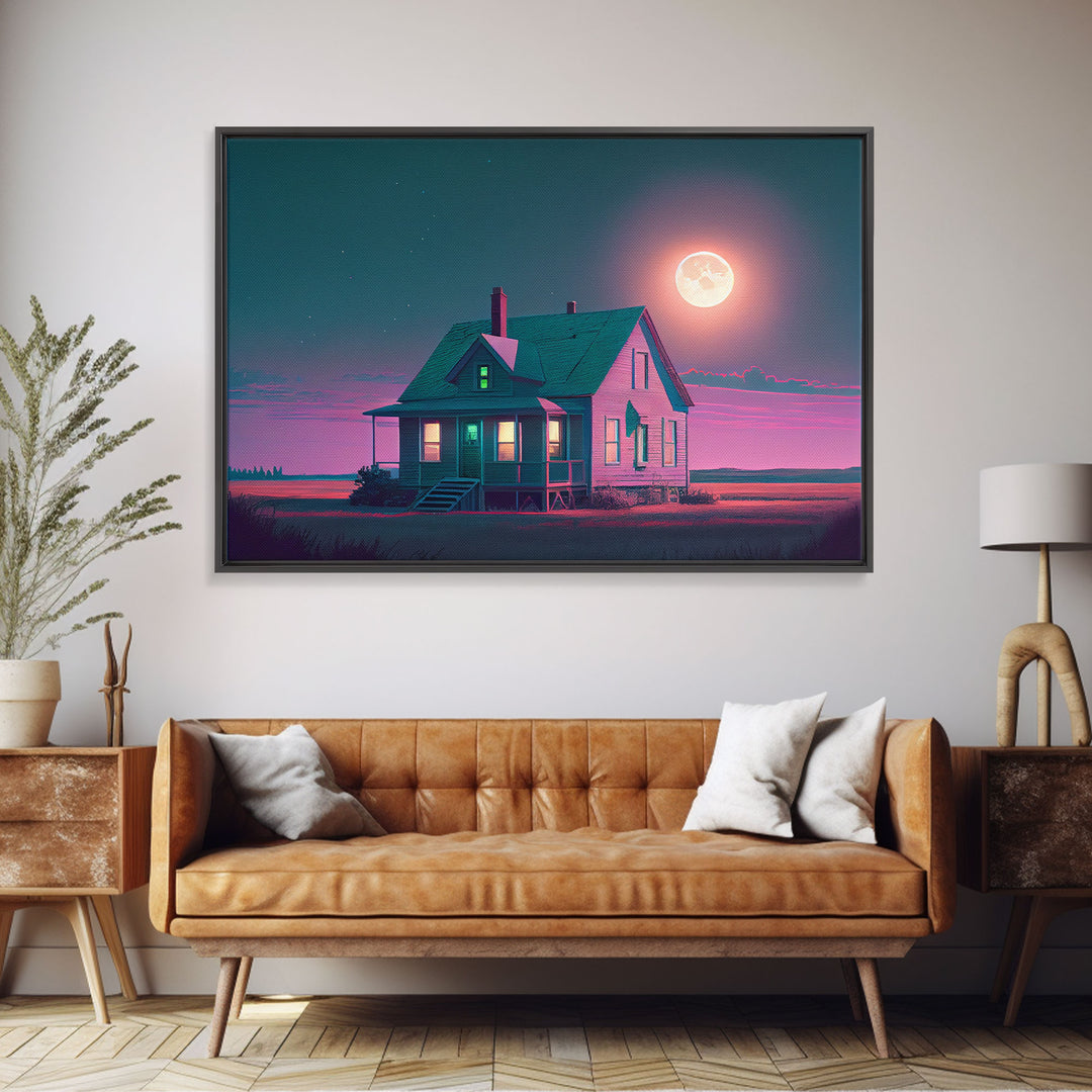 Primitive Retro Mashup, Little house on the prairie, vaporwave aesthetic style framed canvas print