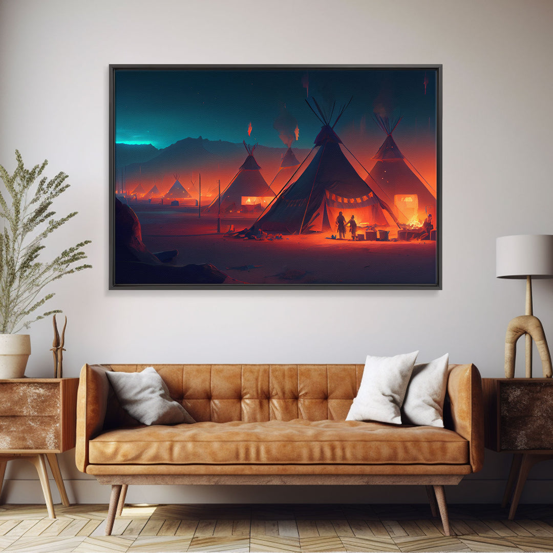 Native American Tipis, Framed Canvas Print, wild west style art